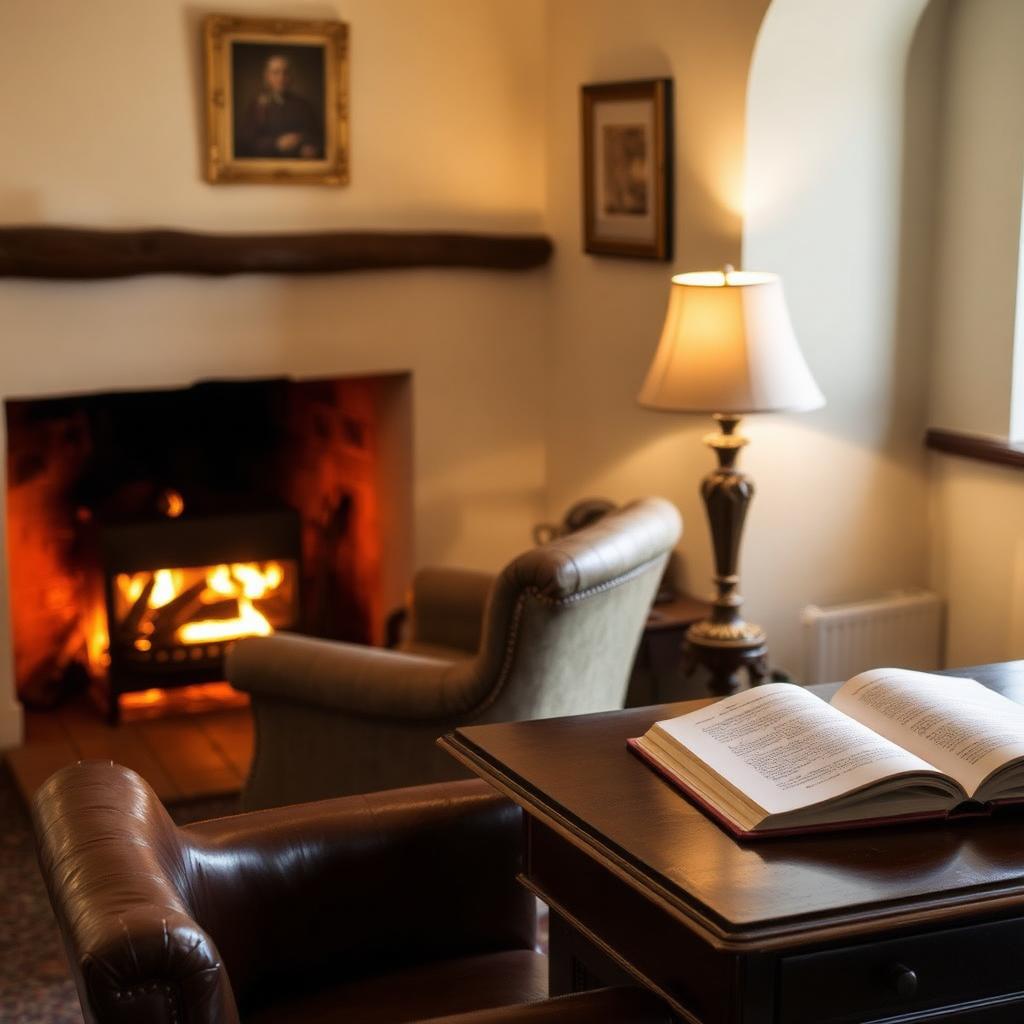 Warm interior of a Dartmoor coaching inn with fireplace and open guestbook
