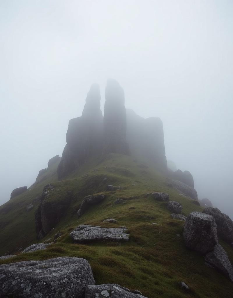 Misty granite tor rising through fog on Dartmoor