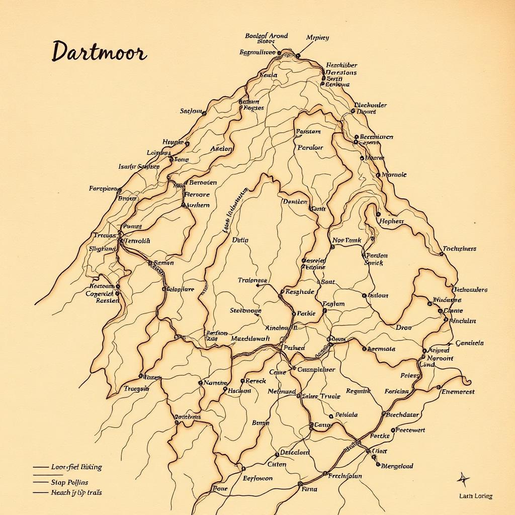 Hand-drawn map of Dartmoor with marked points of interest